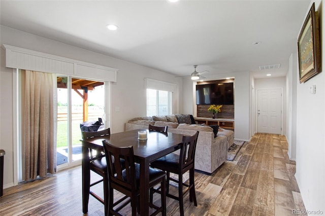 62069 Jade Rd, Montrose, CO 81401 - dining space with wood finished floors, ceiling fan, and recessed lighting