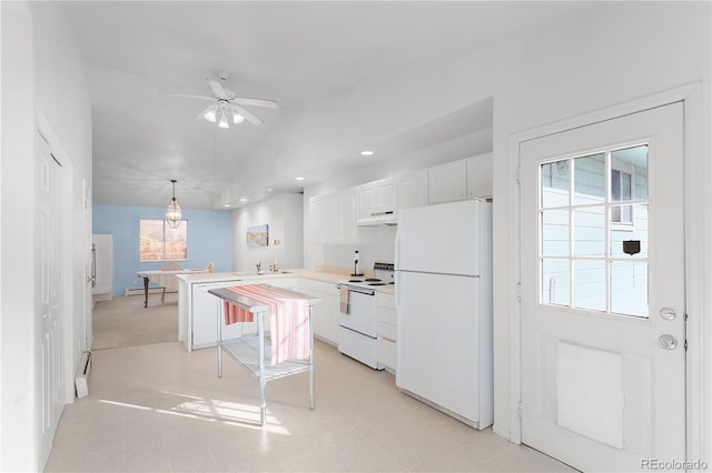 kitchen featuring under cabinet range hood, white cabinetry, white appliances, a peninsula, and light countertops