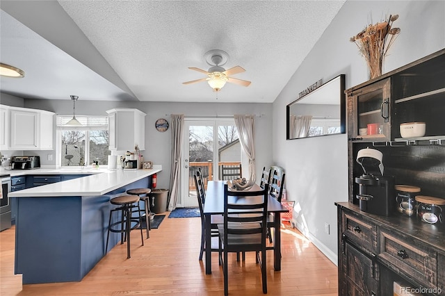 dining area featuring a ceiling fan, lofted ceiling, a textured ceiling, and light wood finished floors