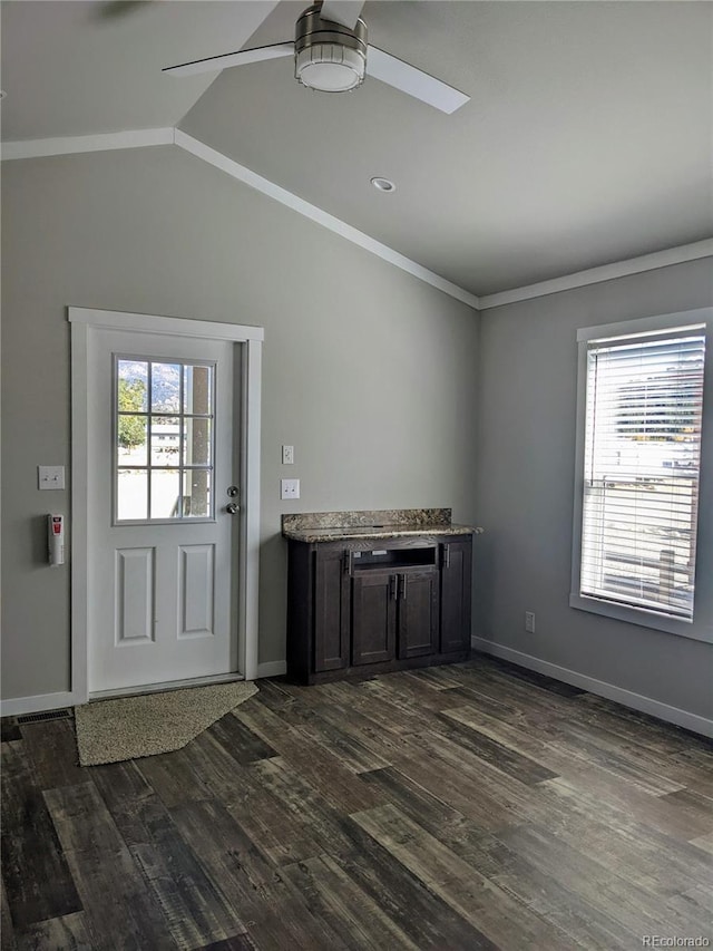 entryway with dark hardwood / wood-style flooring, ceiling fan, and a healthy amount of sunlight