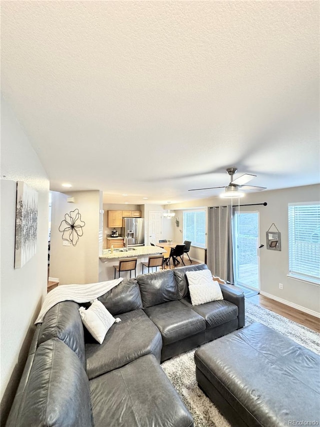 8769 S Dudley St, Littleton, CO 80128 - living room with a textured ceiling, ceiling fan, baseboards, and wood finished floors