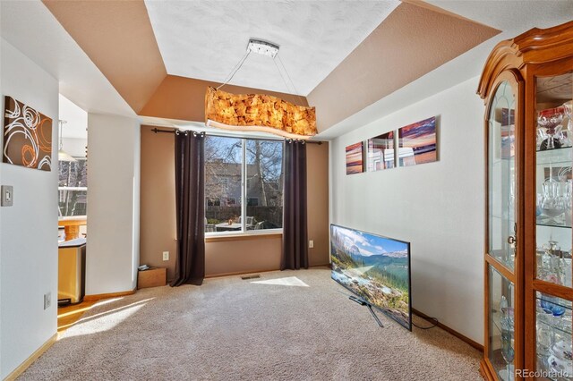 8441 Urban Ct, Arvada, CO 80005 - interior space featuring visible vents, baseboards, carpet, lofted ceiling, and a raised ceiling