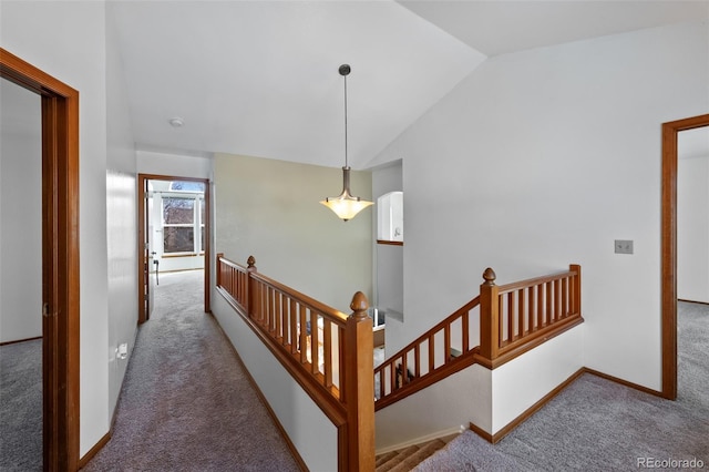 8441 Urban Ct, Arvada, CO 80005 - corridor with baseboards, an upstairs landing, carpet, and lofted ceiling