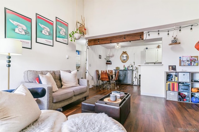 living room featuring dark wood-type flooring