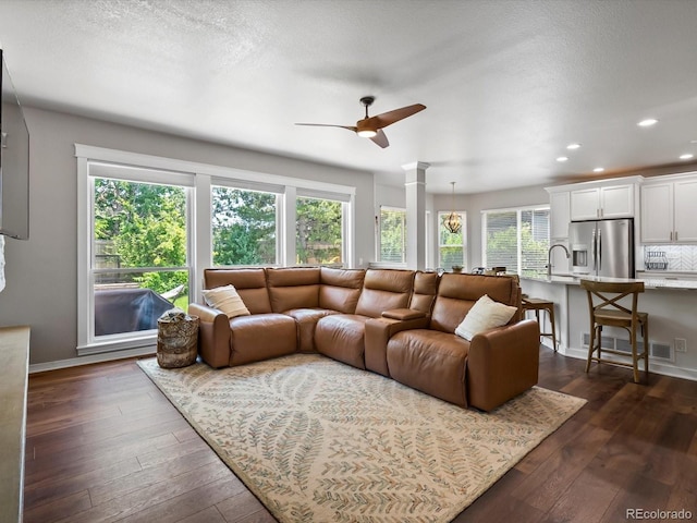 3043 W 109th Pl, Westminster, CO 80031 - living room with dark wood-type flooring, ceiling fan, and recessed lighting