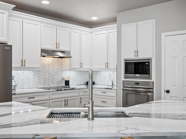 3043 W 109th Pl, Westminster, CO 80031 - kitchen with appliances with stainless steel finishes, under cabinet range hood, white cabinets, decorative backsplash, and recessed lighting