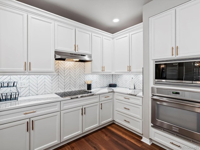 3043 W 109th Pl, Westminster, CO 80031 - kitchen with appliances with stainless steel finishes, under cabinet range hood, white cabinetry, backsplash, and recessed lighting
