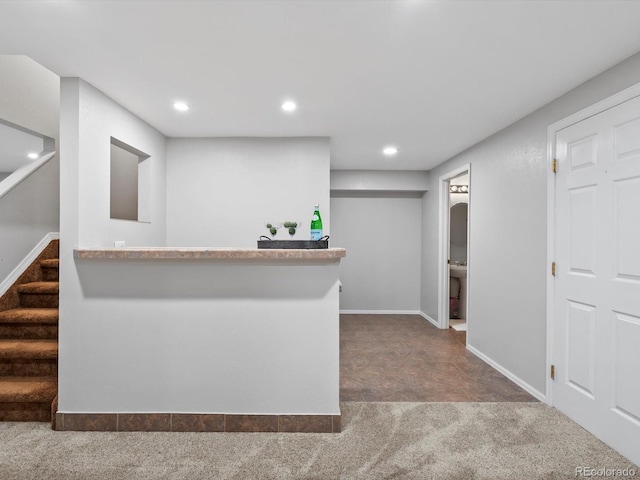 3043 W 109th Pl, Westminster, CO 80031 - bar featuring carpet flooring, stairway, and recessed lighting