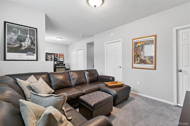 carpeted living room with a textured ceiling