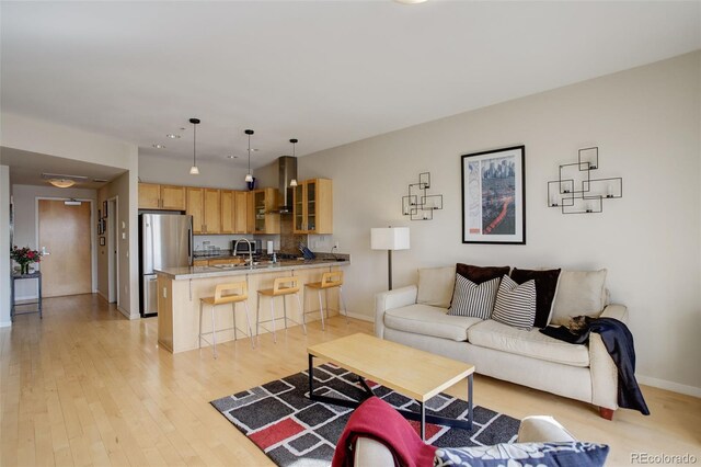 1438 Little Raven St Unit 306, Denver, CO 80202 - living area with baseboards, light wood finished floors, and recessed lighting