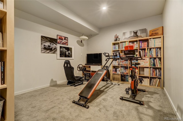 exercise room featuring carpet flooring