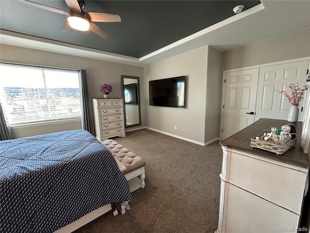 carpeted bedroom with ceiling fan and a closet