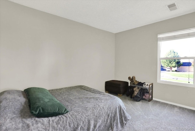 bedroom featuring carpet floors and a textured ceiling