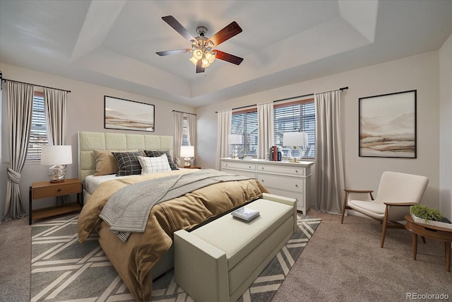 bedroom featuring a raised ceiling, light carpet, and multiple windows