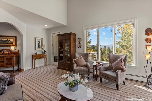 living area with carpet floors, arched walkways, a baseboard radiator, a baseboard heating unit, and baseboards