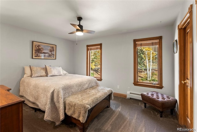 bedroom featuring ceiling fan, carpet, baseboards, and baseboard heating