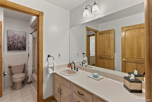 bathroom featuring tile patterned flooring, toilet, vanity, tile walls, and shower / bathtub combination with curtain