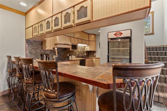 bar with refrigerator, crown molding, stairs, decorative backsplash, and custom range hood