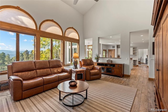 living room with light wood-type flooring, baseboards, and a high ceiling