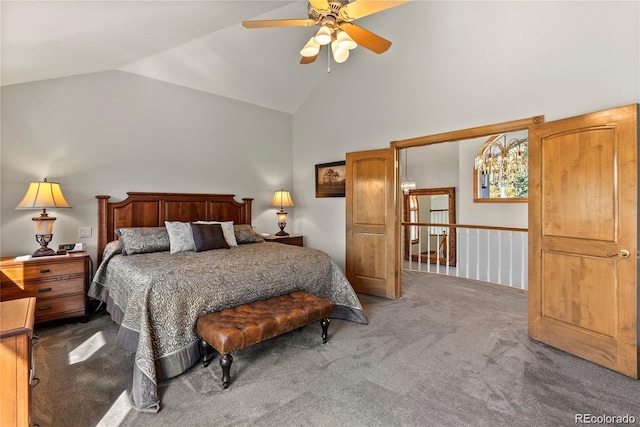 bedroom with carpet, high vaulted ceiling, and a ceiling fan