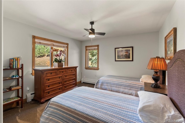 bedroom with carpet, baseboards, and baseboard heating