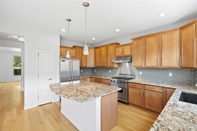 8987 E Otero Pl, Centennial, CO 80112 - kitchen with premium appliances, under cabinet range hood, a center island, light wood-style flooring, and recessed lighting