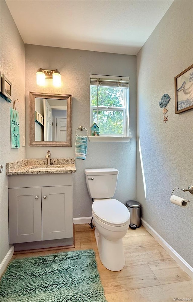 16063 E 106th Ct, Commerce City, CO 80022 - bathroom with toilet, wood finished floors, vanity, baseboards, and a textured wall