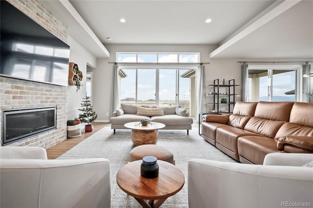 living room with a fireplace, light hardwood / wood-style flooring, and a healthy amount of sunlight