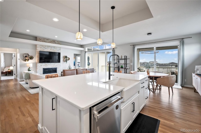 kitchen featuring light wood-type flooring, stainless steel dishwasher, a raised ceiling, a kitchen island with sink, and sink