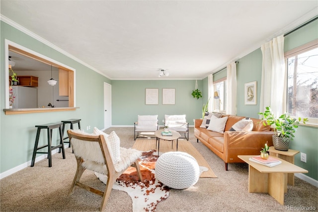 living room featuring light carpet, crown molding, and baseboards