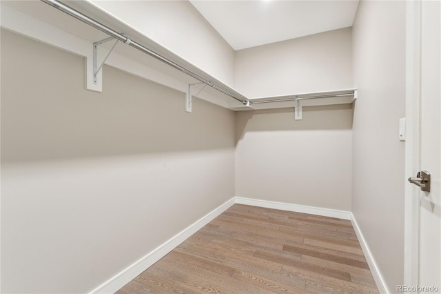 walk in closet with light hardwood / wood-style floors