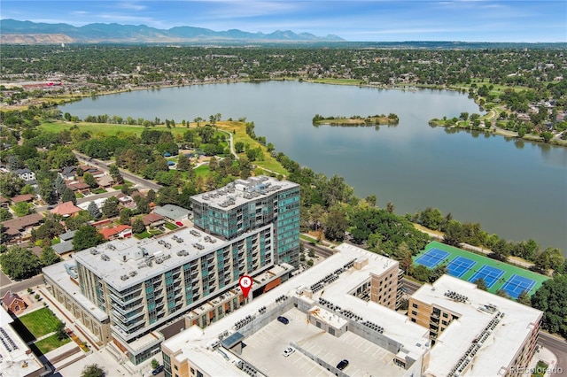 bird's eye view with a water and mountain view