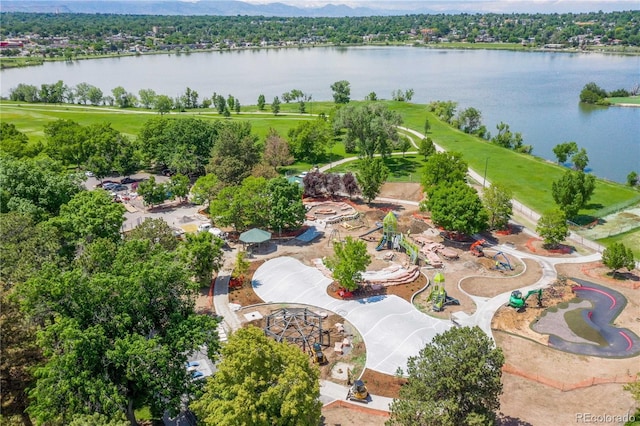 birds eye view of property featuring a water view