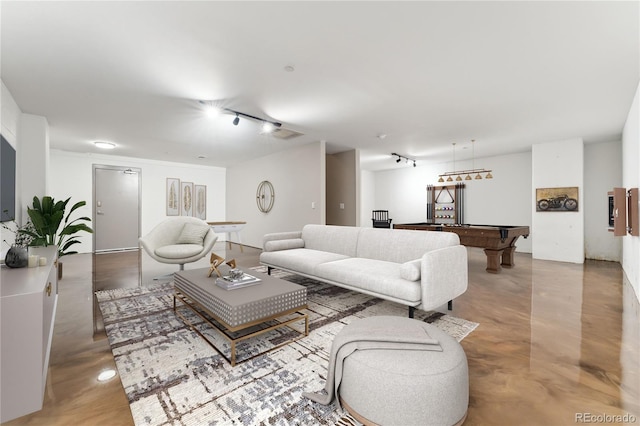 living room featuring billiards and track lighting