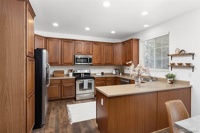 kitchen featuring kitchen peninsula, appliances with stainless steel finishes, dark hardwood / wood-style flooring, and sink