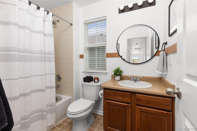 full bathroom with toilet, vanity, tile patterned floors, and shower / bathtub combination with curtain