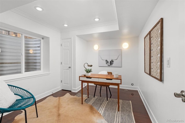 home office with dark hardwood / wood-style floors and ornamental molding