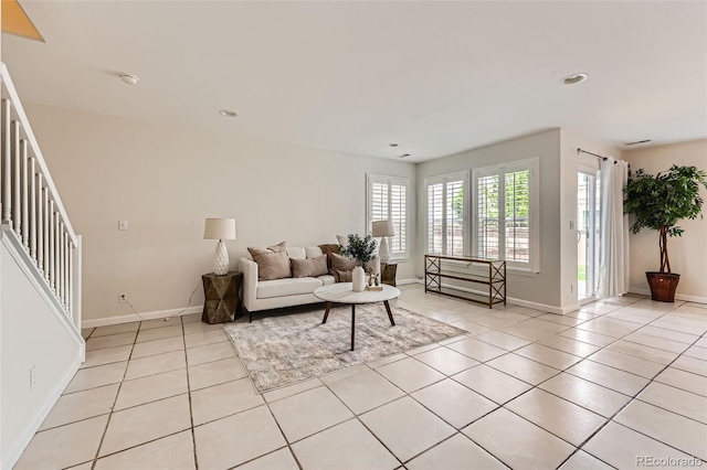 5957 Turnstone Pl, Castle Rock, CO 80104 - living room featuring baseboards, light tile patterned floors, stairs, and recessed lighting