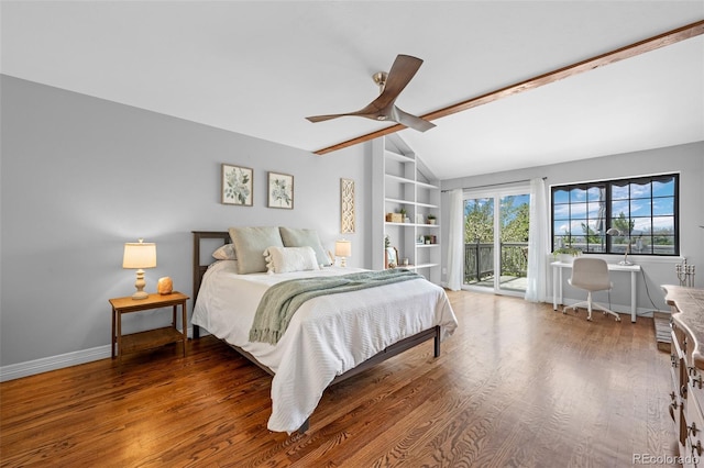 bedroom with wood finished floors, baseboards, ceiling fan, access to outside, and vaulted ceiling with beams