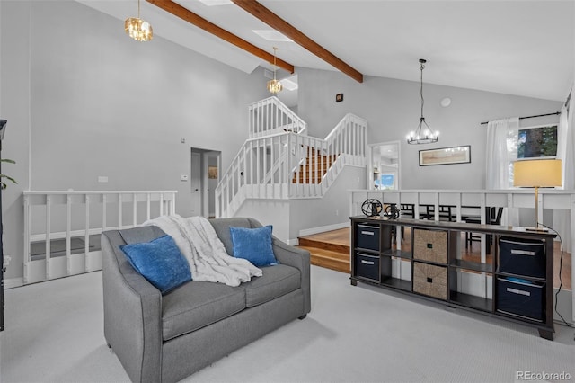 living area featuring beam ceiling, stairway, high vaulted ceiling, an inviting chandelier, and carpet flooring