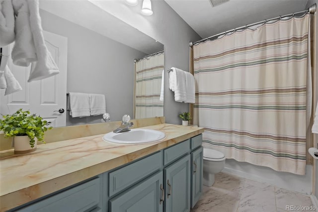 bathroom with vanity, shower / tub combo with curtain, marble finish floor, visible vents, and toilet