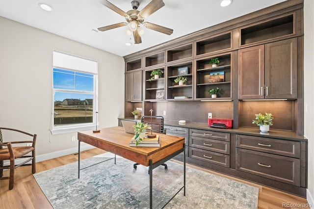 home office featuring recessed lighting, baseboards, light wood finished floors, and ceiling fan