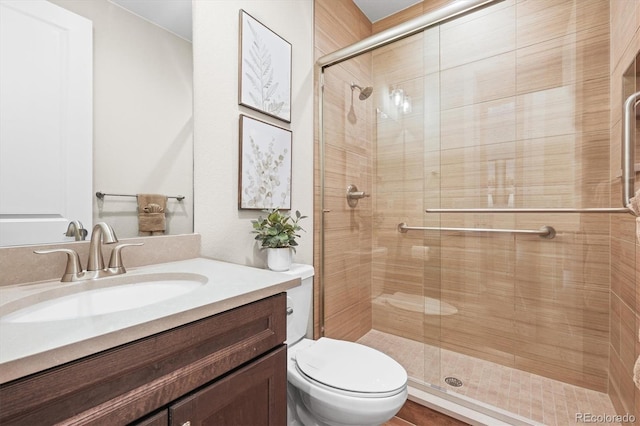 bathroom with toilet, vanity, and a stall shower