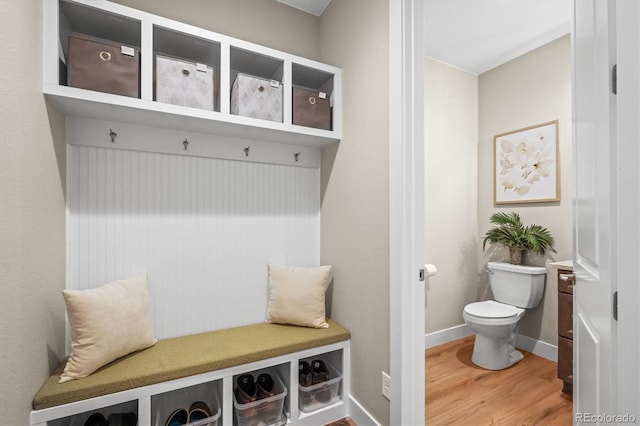 mudroom featuring baseboards and wood finished floors