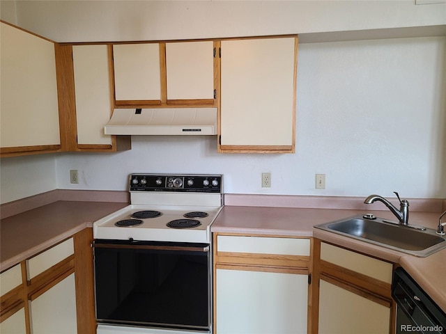 4760 S Wadsworth Unit 301, Littleton, CO 80123 - kitchen with electric range oven, ventilation hood, a sink, dishwasher, and light countertops