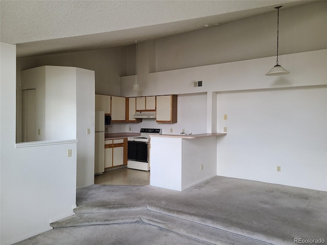 4760 S Wadsworth Unit 301, Littleton, CO 80123 - kitchen featuring range with electric stovetop, under cabinet range hood, freestanding refrigerator, a peninsula, and baseboards