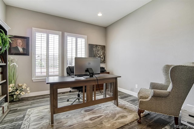 15804 Elizabeth Cir E, Thornton, CO 80602 - office featuring baseboards, wood finished floors, and recessed lighting