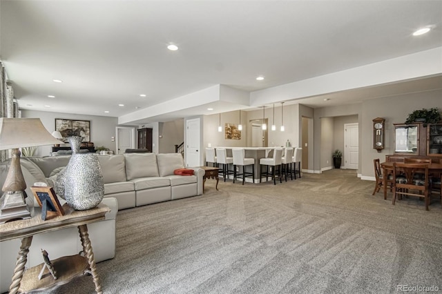 15804 Elizabeth Cir E, Thornton, CO 80602 - living room with recessed lighting, carpet floors, stairway, and baseboards