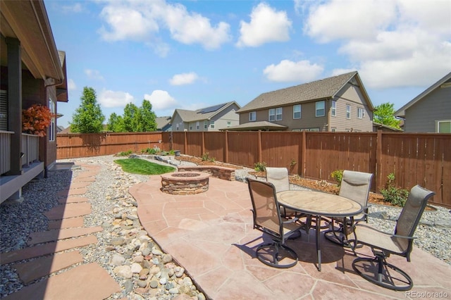 15804 Elizabeth Cir E, Thornton, CO 80602 - fenced backyard featuring a fire pit, a patio, outdoor dining area, and a residential view