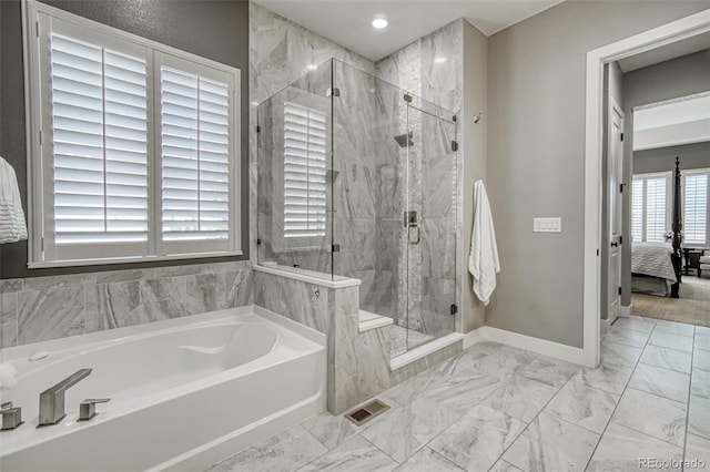 15804 Elizabeth Cir E, Thornton, CO 80602 - bathroom featuring a bath, ensuite bathroom, a marble finish shower, marble finish flooring, and recessed lighting